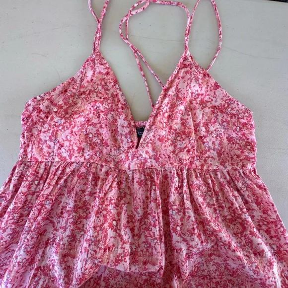 ZARA WOMENS FLORAL SUMMER V NECK BACKLESS DRESS IN PINK SIZE: LARGE 100% COTTON - Picture 12 of 13
